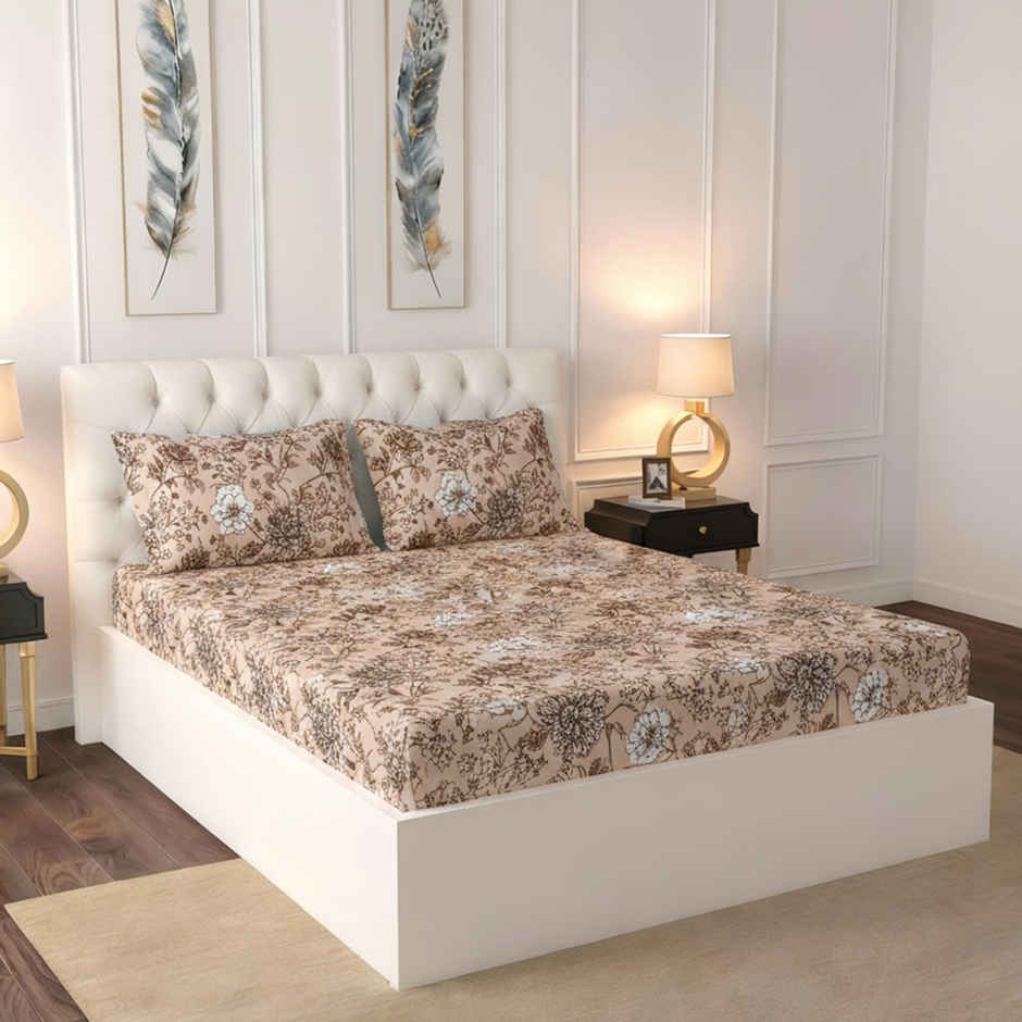 Raymond Home 120 GSM Hazel Floral Double Bedsheet with 2 Pillow Covers Peach