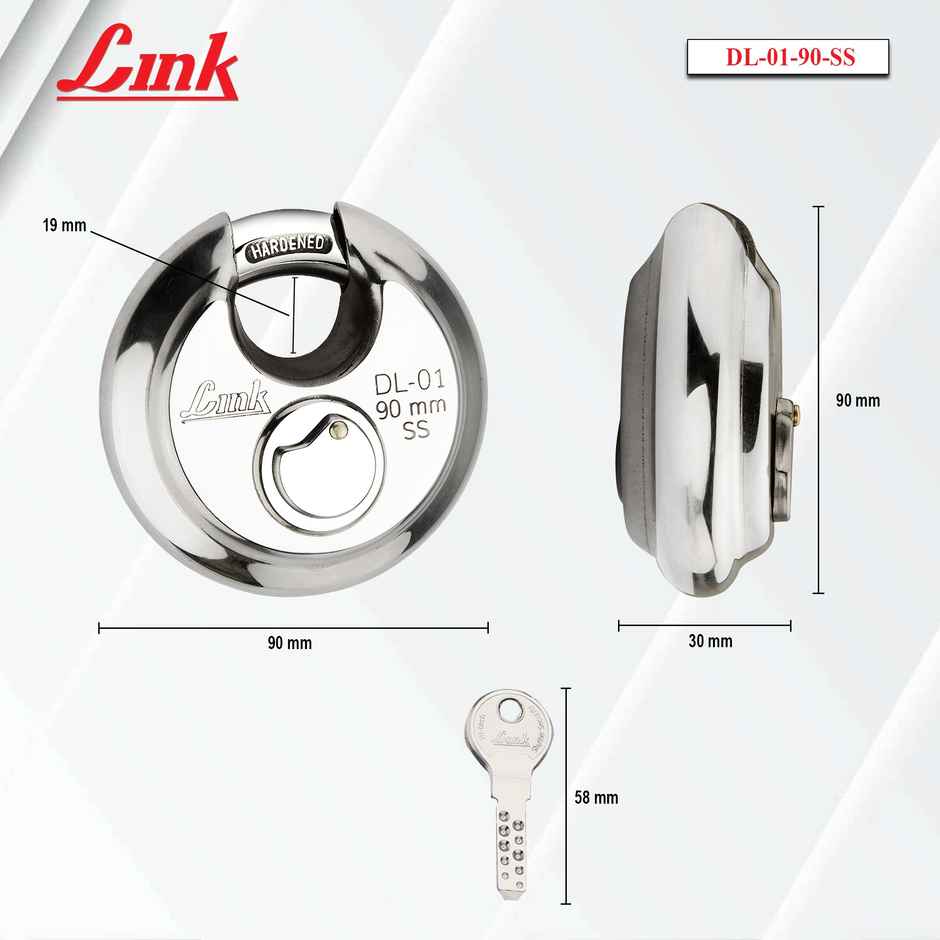 Link Stainless Steel Disc Lock DL-01 90mm with Hardened Shackle & 3 Nickel Silver Keys