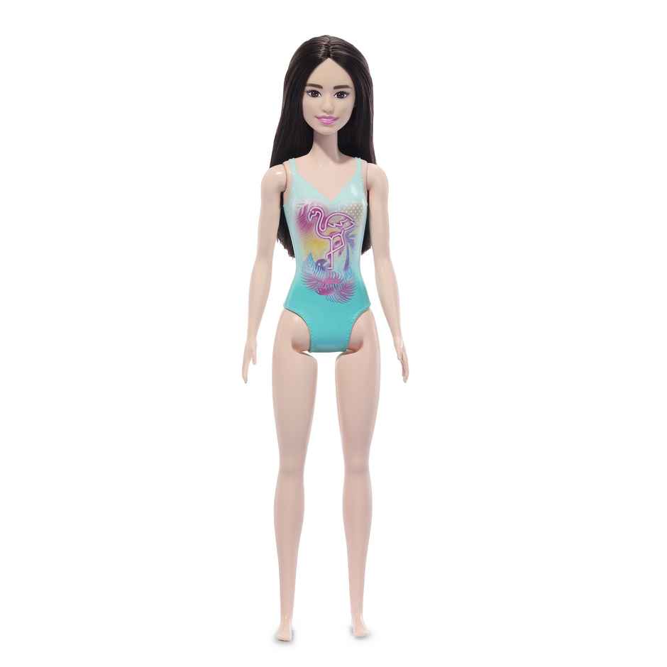 Mattel Barbie Beach Doll with Black Hair, Blue One-Piece Swimsuit with Tropical Print