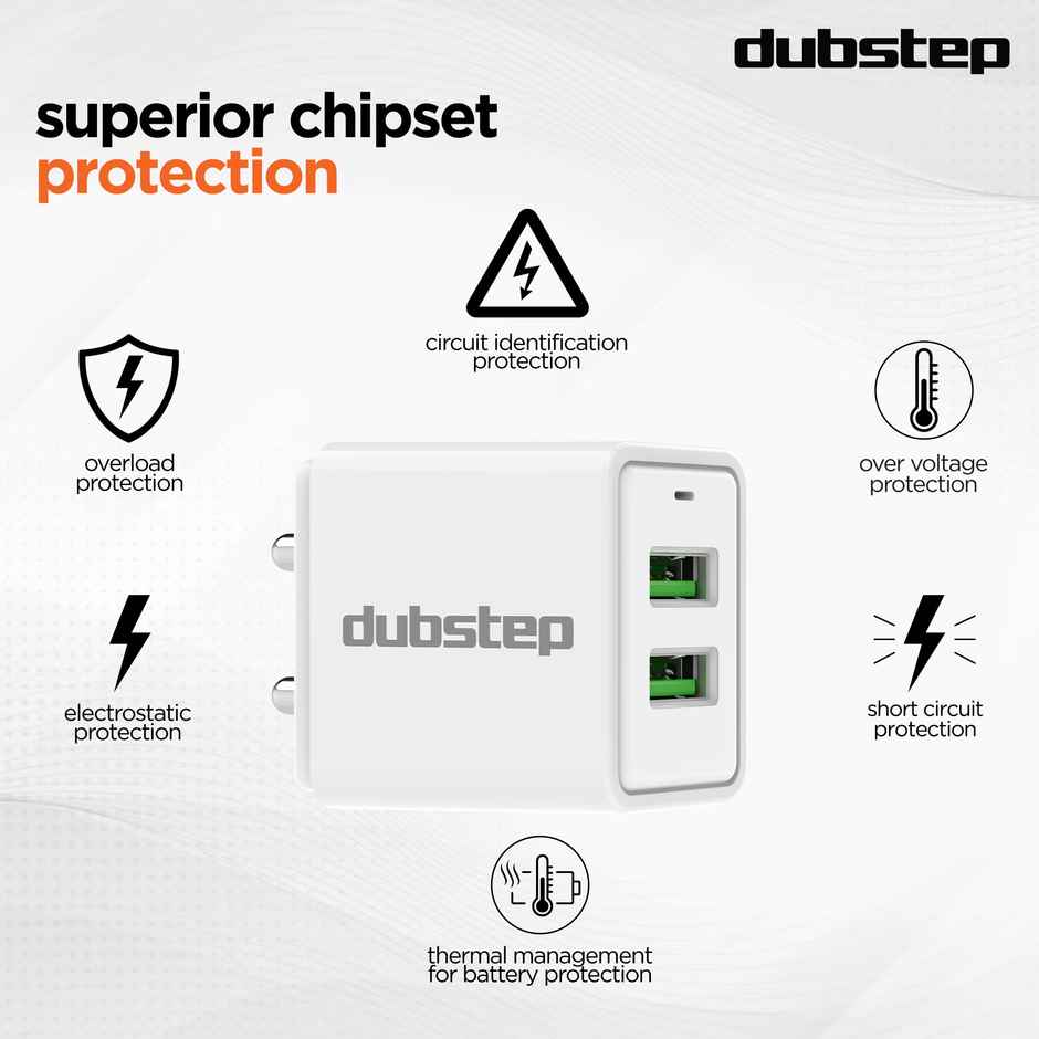 Dubstep Sprint 16W Dual USB Port Wall Charger with 1M Type-C Cable, Multi-Layer Smart Chip Protection, Fast Charging Adaptor for All iOS & Android Devices - White
