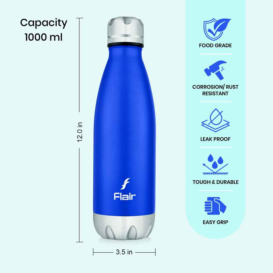 Flair Glam Stainless Steel | 1 L | Vacuum Insulated Bottle | Blue
