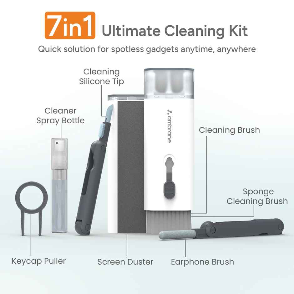 Ambrane 7-in-1 Cleaning Kit | All-in-One Keyboard Cleaning Kit with Brush & Cleaner ACK-02 | White