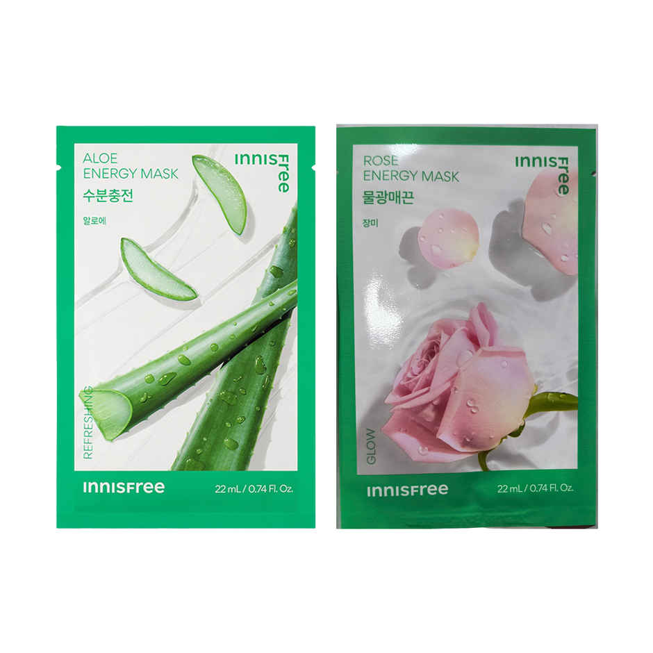 Innisfree Squeeze Energy Sheet Mask | Essence Type | Aloe (22ml) & Innisfree Squeeze Energy Sheet Mask - Water Type - Rose (22ml) Combo