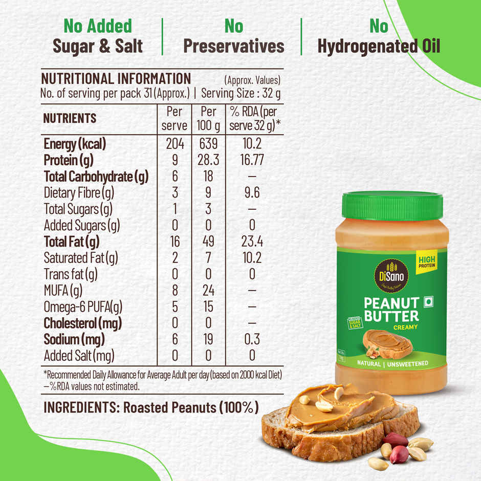DiSano Natural Peanut Butter - Creamy, Unsweetened, 28.3% Protein, No Added Sugar,Pure Peanut