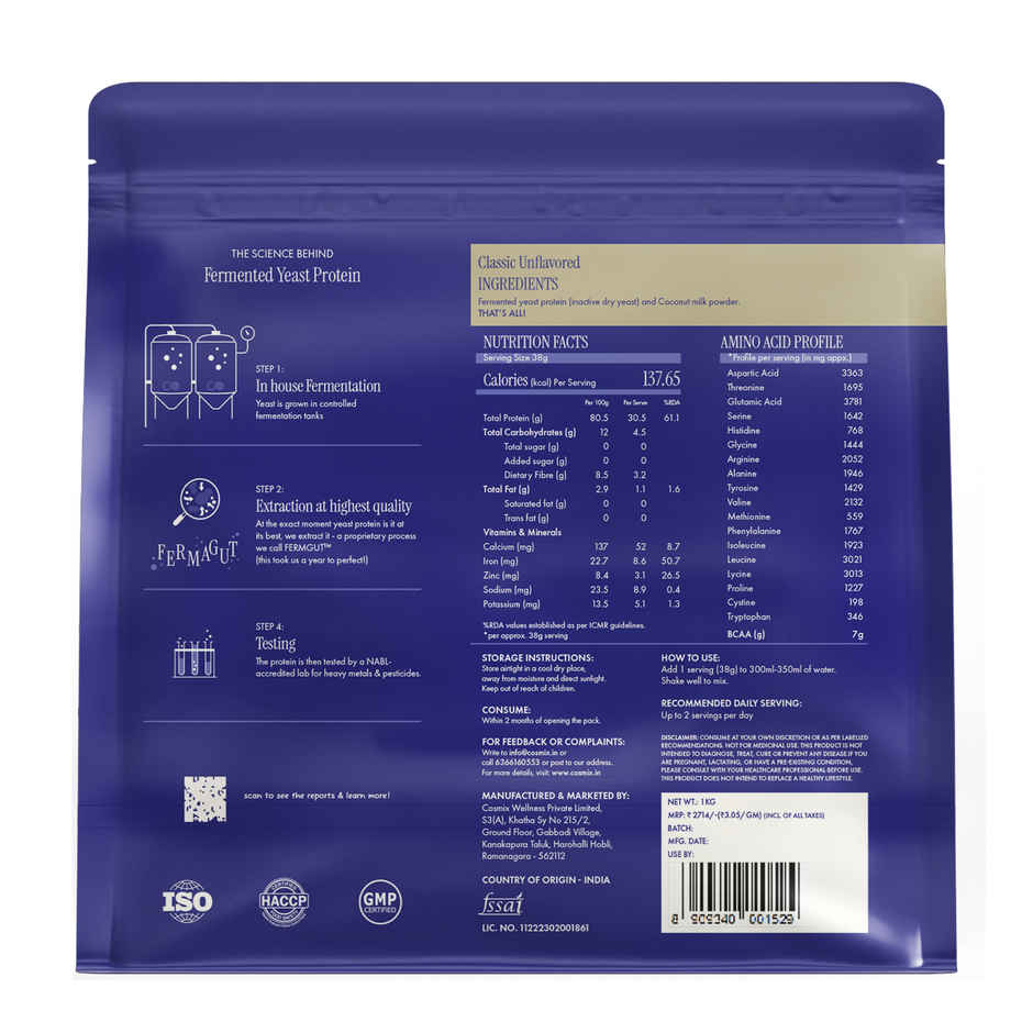 Cosmix Fermented Yeast Protein Powder | Pure Single-Source Plant Protein | Classic Unflavoured