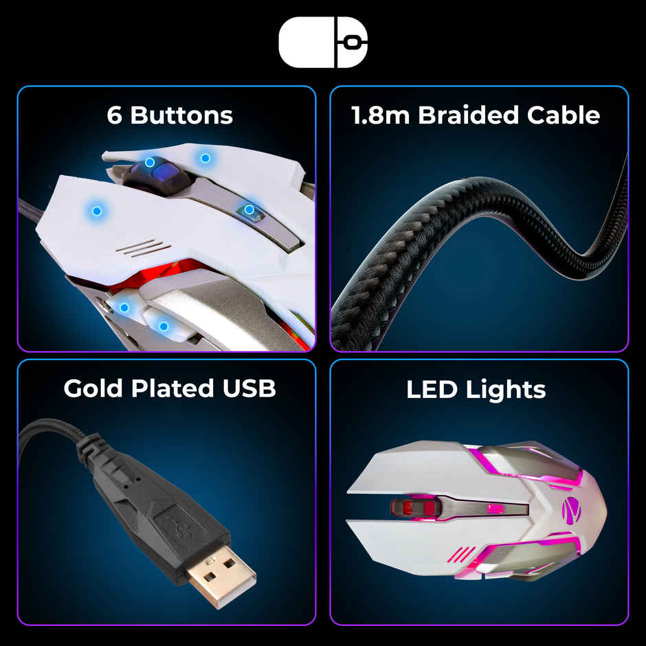 Zebronics Optimus Gaming Combo, Upto 3600 Dpi, 6 Buttons, High Res Sensor, Multicolor Led (White)