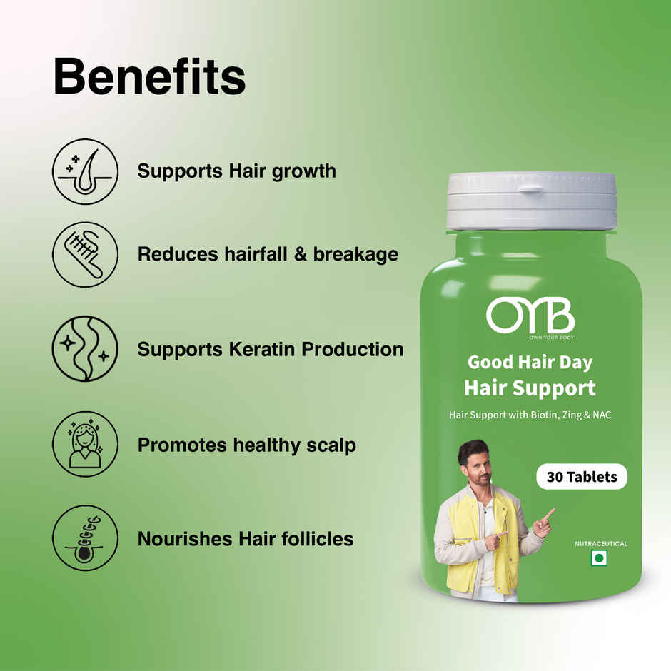 OYB Hair, Skin & Nail Support with Biotin, Zinc & NAC for Hair Growth | 30 Tablets