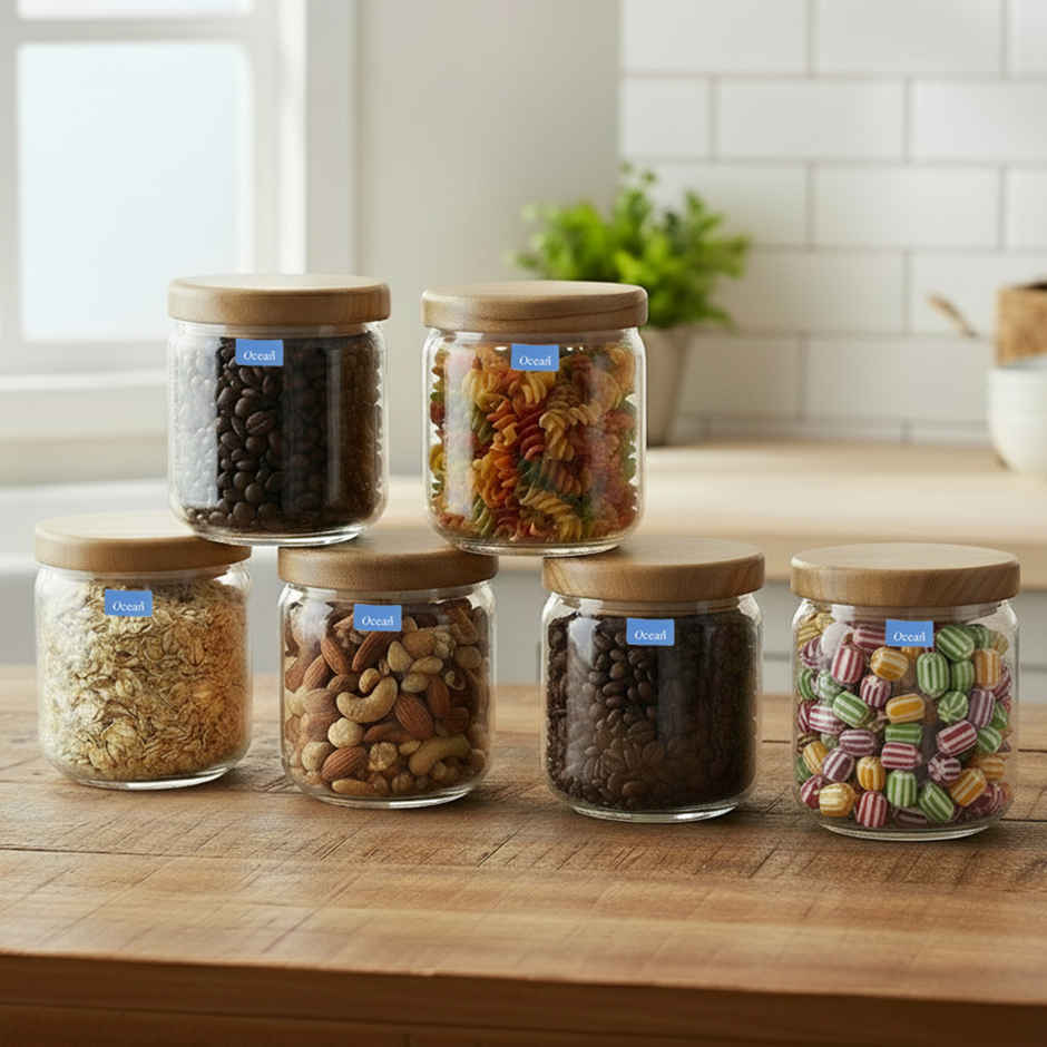 Ocean Pop Glass Jar Set with Wooden Lid (500 ml, 6Pcs)