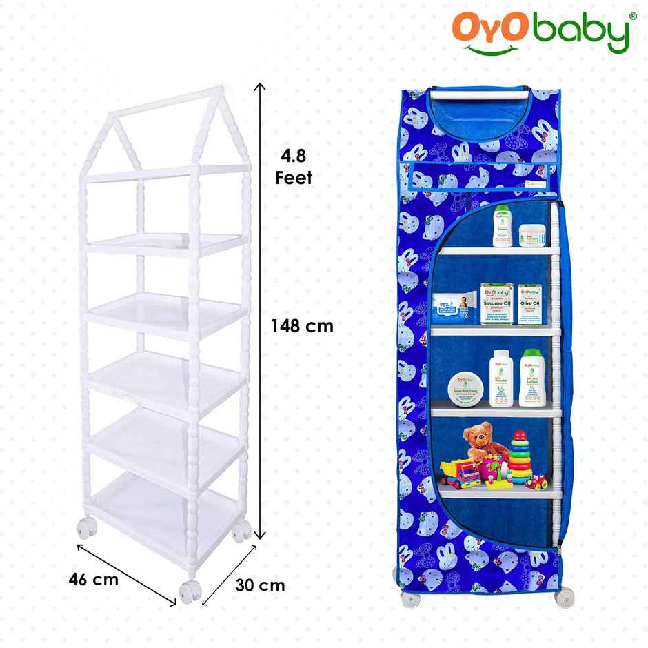 Oyo Baby Multipurpose 6 Shelves Durable Foldable Almirah Cartoon Printed Cover Blue Wardrobe