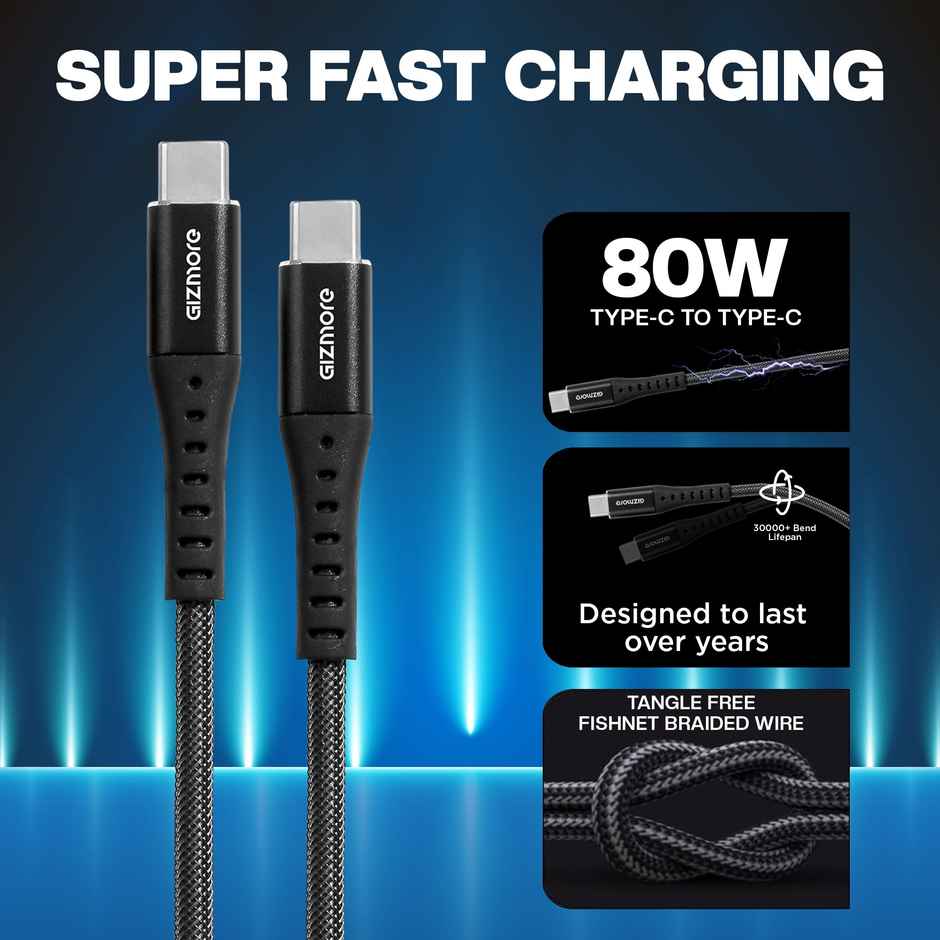 GIZMORE WCC80 80W Type-C to C Superfast Charging Cable with Fishnet Braided wire