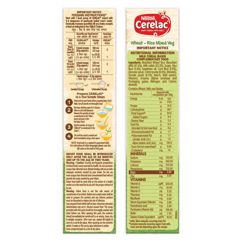 Nestle Cerelac Baby Cereal with Milk Wheat - Rice Mixed Veg | 10 to 24 Months | Iron | Protein