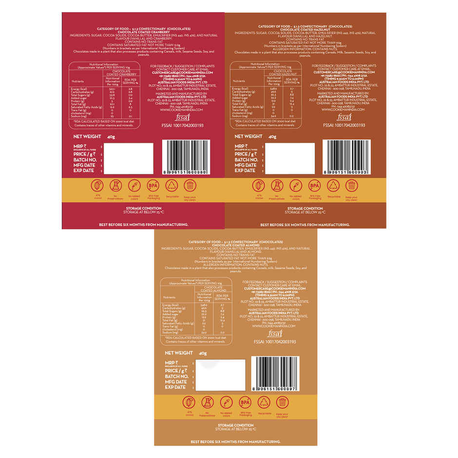 CookieMan Chocolate Coated Almonds , Hazelnut , Cranberry (pack of 3)