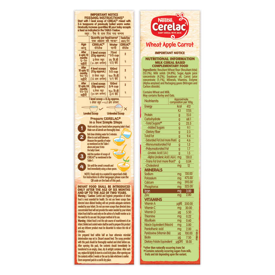 Nestle Cerelac Baby Cereal with Milk Wheat Apple Carrot | 6 to 24 Months | Iron andProtein