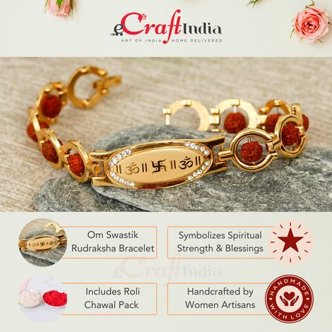 Religious Brown & Golden Om, Swastik Symbol, Rudraksha Designer Bracelet Rakhi for Brother & Roli Chawal Pack (eCraftIndia)