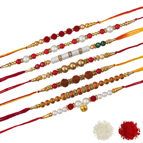 Religious Multicolor Rudraksha, Beads, Pearls, Designer Rakhis & Roli Chawal Pack Rakhis for Brothers (eCraftIndia) Set of 7