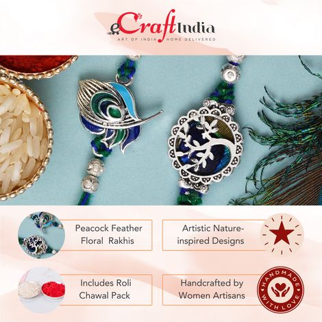 Religious Peacock Feather and Floral Designer Rakhis for Brothers & Roli Chawal Pack (eCraftIndia) Set of 2
