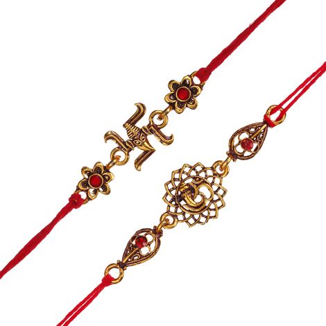 Religious Lord Ganesha, Swastika Symbol Religious Rakhis for Brothers & Roli Chawal Pack (eCraftIndia) Set of 2