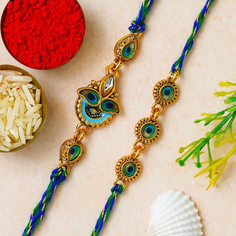Peacock Beautiful Feather Designer Rakhis with Roli Chawal Pack | For Brother, Bhaiya, Bhai, Bhabhi, and Kids (eCraftIndia) Set of 2