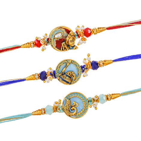 Peacock Krishna Rakhi Set for Brother, Bhabhi, Kids, Bhaiya, and Bhai | Designer Rakhis with Roli Chawal Pack (eCraftIndia) Set of 3