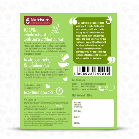 Nutrisum Whole Wheat Rusk - No Added Sugar- Elaichi