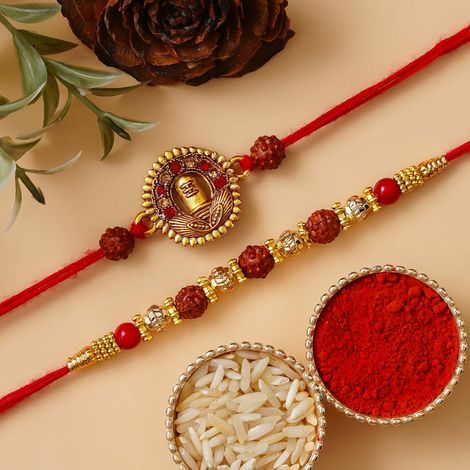 Religious Shivalinga Rudraksha Rakhis for Brothers & Roli Chawal Pack (eCraftIndia) Set of 2