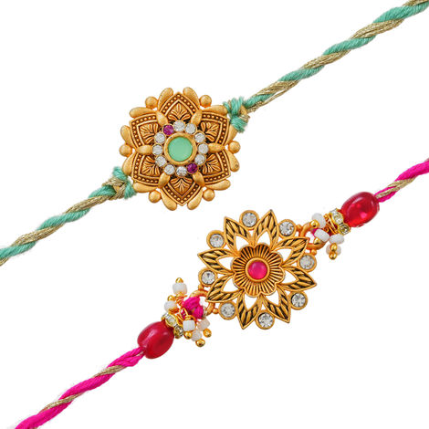 Floral Beads Diamond Rakhi for Brother and Bhabhi with Roli Chawal Pack (eCraftIndia) Set of 2