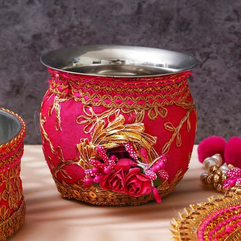 Karwa Chauth Pooja Thali Set - Floral Handcrafted | Pink & Golden | Stainless Steel | eCraftIndia