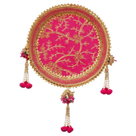 Karwa Chauth Pooja Thali Set - Floral Handcrafted | Pink & Golden | Stainless Steel | eCraftIndia