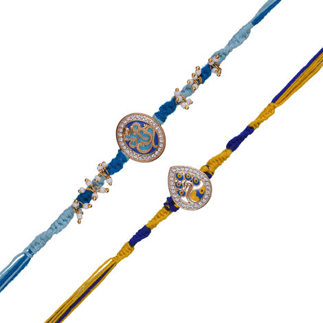 Religious Lord Ganesha & Beautiful Peacock Rakhis for Brother, Bhabhi, Kids & Roli Chawal Pack (eCraftIndia) Set of 2