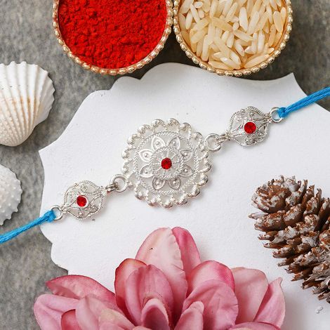 Floral Silver Rakhi for Brother with Roli Chawal Pack (eCraftIndia)