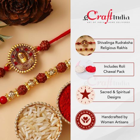 Religious Shivalinga Rudraksha Rakhis for Brothers & Roli Chawal Pack (eCraftIndia) Set of 2