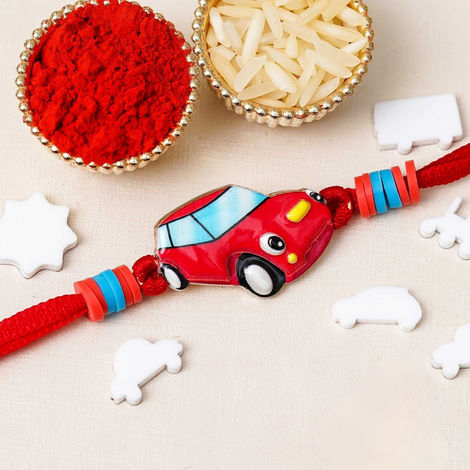 Kids Cartoon Car Rakhi for Brother, Bhai, Bhaiya with Roli Chawal Pack (eCraftIndia)