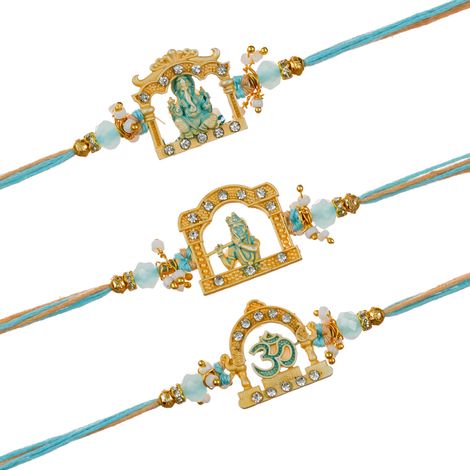 Religious Om Ganesha Krishna Designer Rakhis with Roli Chawal Pack | Rakhi for Brother Bhaiya Bhai Bhabhi Kids (eCraftIndia) Set of 3