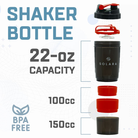 Solara Tritan Protein Shaker Bottle for Gym with Two Layer Extra Storage | Black and Red - 900 ml