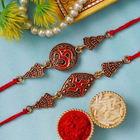 Religious Om and Swastika Symbol Religious Rakhis for Brothers & Roli Chawal Pack (eCraftIndia) Set of 2