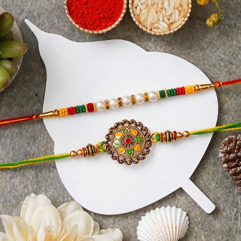 Floral Designer Rakhi for Brothers with Roli Chawal Pack (eCraftIndia) Set of 2
