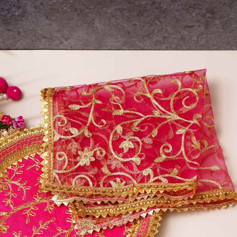 Karwa Chauth Pooja Thali Set - Floral Handcrafted | Pink & Golden | Stainless Steel | eCraftIndia