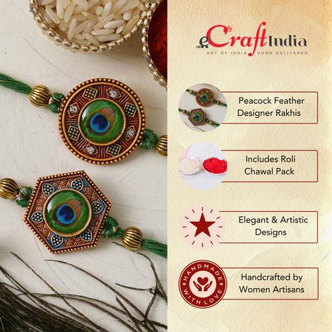 Peacock Feather Designer Rakhis for Brothers & Roli Chawal Pack (eCraftIndia) Set of 2