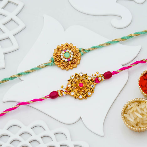 Floral Beads Diamond Rakhi for Brother and Bhabhi with Roli Chawal Pack (eCraftIndia) Set of 2