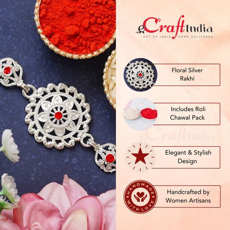 Floral Silver Rakhi for Brother with Roli Chawal Pack (eCraftIndia)