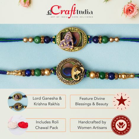Religious Lord Ganesha and Krishna Peacock Feather Religious Rakhis for Brothers & Roli Chawal Pack (eCraftIndia) Set of 2