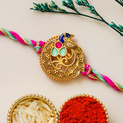Kundan Peacock Kundan Rakhi for Bhai and Bhaiya with Roli Chawal Pack (eCraftIndia)