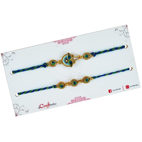 Peacock Beautiful Feather Designer Rakhis with Roli Chawal Pack | For Brother, Bhaiya, Bhai, Bhabhi, and Kids (eCraftIndia) Set of 2