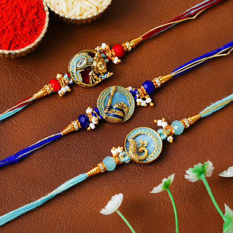 Peacock Krishna Rakhi Set for Brother, Bhabhi, Kids, Bhaiya, and Bhai | Designer Rakhis with Roli Chawal Pack (eCraftIndia) Set of 3