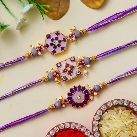 Floral Purple Designer Rakhi for Bhaiya, Bhai, Bhabhi and Kids with Roli Chawal Pack (eCraftIndia) Set of 3