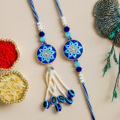 Bhaiya Bhabhi Floral Evil Eye Designer Lumba Rakhis for Bhaiya and Bhabhi (eCraftIndia) Set of 2