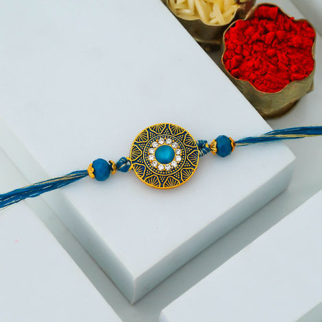 Stone Golden Blue Beads Diamond Designer Raksha Bandhan Rakhi for Bhaiya, Bhabhi, Bhai, and Kids | Roli Chawal Pack (eCraftIndia)