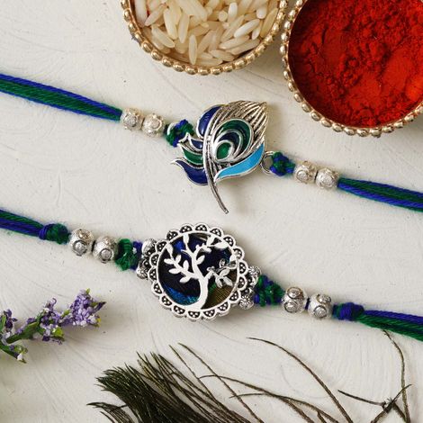 Religious Peacock Feather and Floral Designer Rakhis for Brothers & Roli Chawal Pack (eCraftIndia) Set of 2
