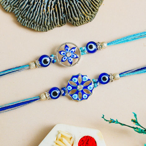 Peacock Floral Evil Eye Rakhi for Brother | Designer Rakhi Set with Roli Chawal Pack (eCraftIndia) Set of 2