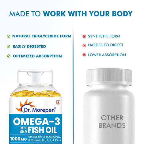 Dr. Morepen Omega-3 Fish Oil 1000mg Capsules with Vitamin A,E & D3 No Fishy Burps